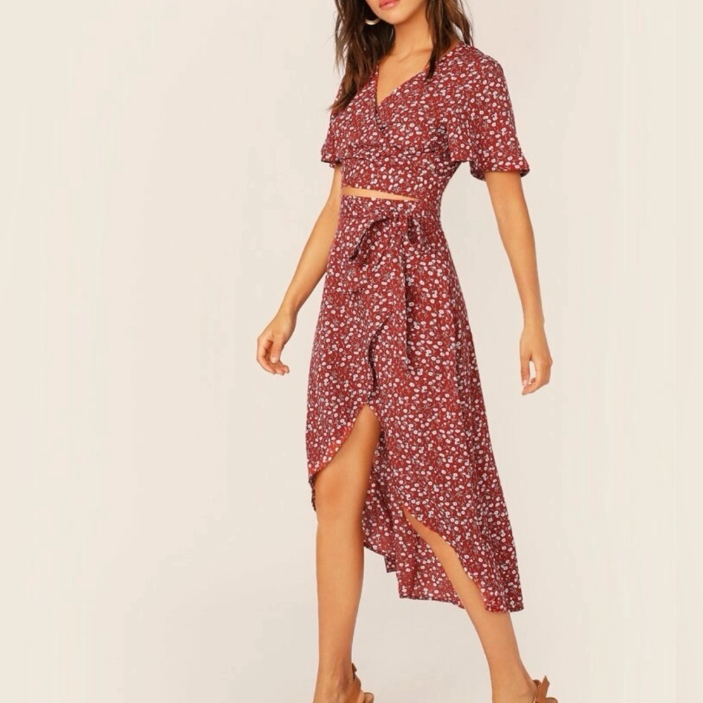 Floral Flutter Sleeve Crop Top & Wrap Knot Skirt Set